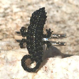Black Spinel Gecko Ring .925 sterling Silver Lizard Genuine Gemstones Natural